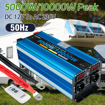 Power Inverter 5000W – Omvormer – Spanningsomvormer – DC naar AC Converter – Zuivere Sinus Inverter 12V – 4 AC Uitgangen & USB – LED Display – 10000W Piekvermogen