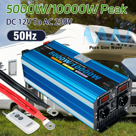 Power Inverter 5000W – Omvormer – Spanningsomvormer – DC naar AC Converter – Zuivere Sinus Inverter 12V – 4 AC Uitgangen & USB – LED Display – 10000W Piekvermogen