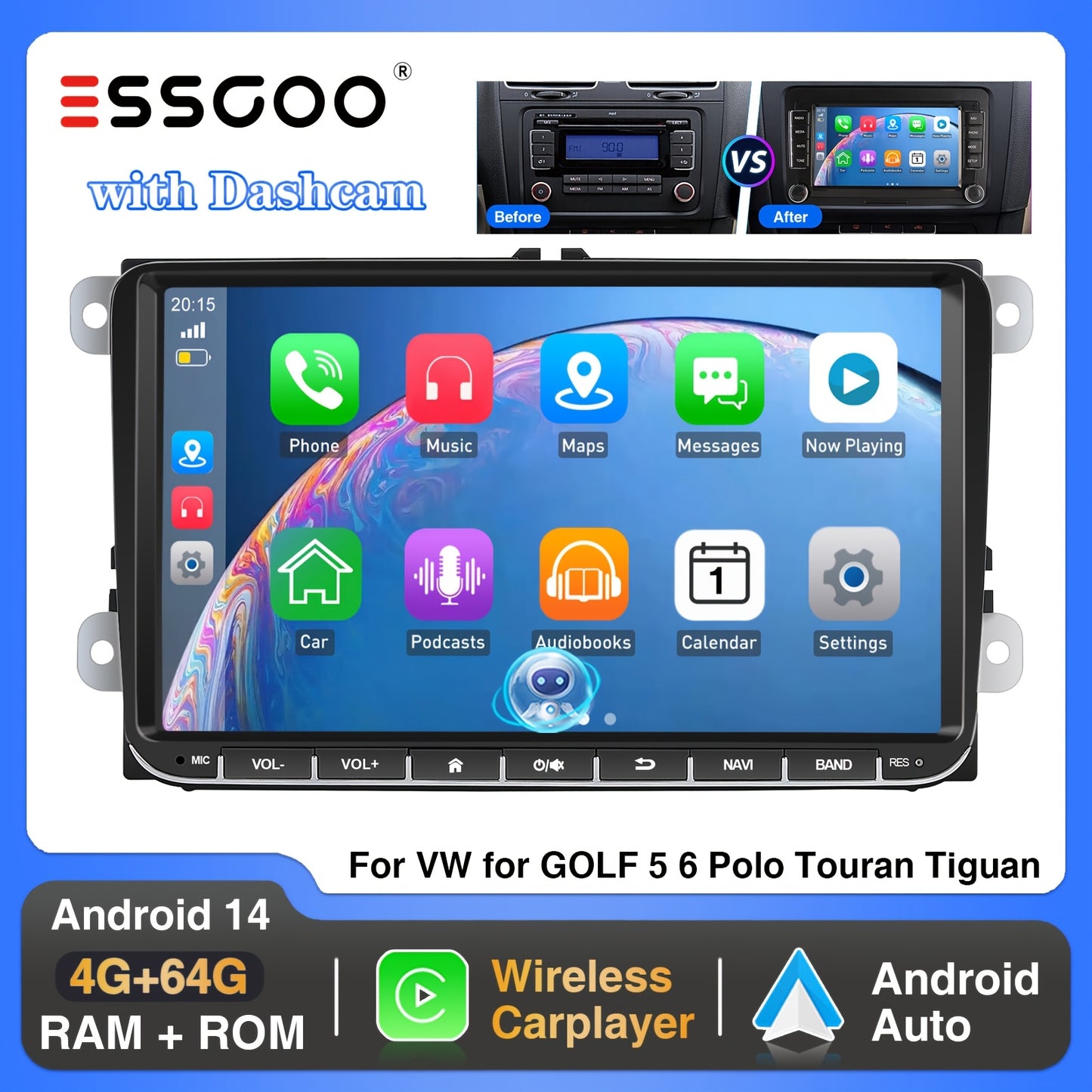 2DIN Autoradio – Auto Stereo – Multimedia Speler – Dashboard Camera – Navigatie Systeem – 9 Inch IPS Touchscreen – Draadloze CarPlay & Android Auto