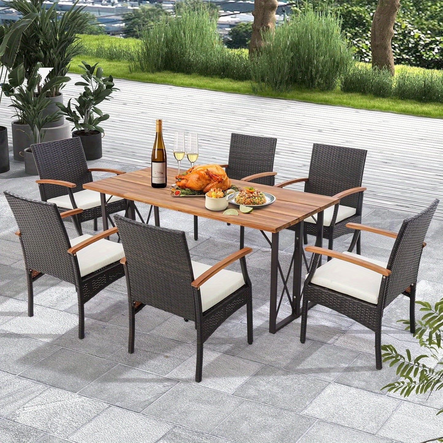 Tuinset Stoelen – Tuinstoelen – Buitenstoelen – Rieten Stoelen – Balkonstoelen – PE Rattan – Zachte Afneembare Kussens – Acaciahouten Armleuningen – Bruin