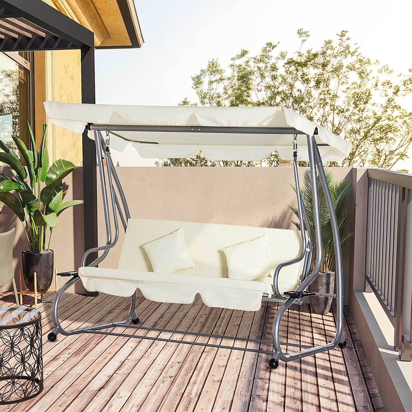 Tuinbank Schommelbank Balkonbank Buitenbank Tuinmeubel – 3-Zits – Gepoedercoat Staal – Verstelbaar Polyester Dak – Inclusief Zijtafels met Bekerhouders – 200x120x164 cm – Beige