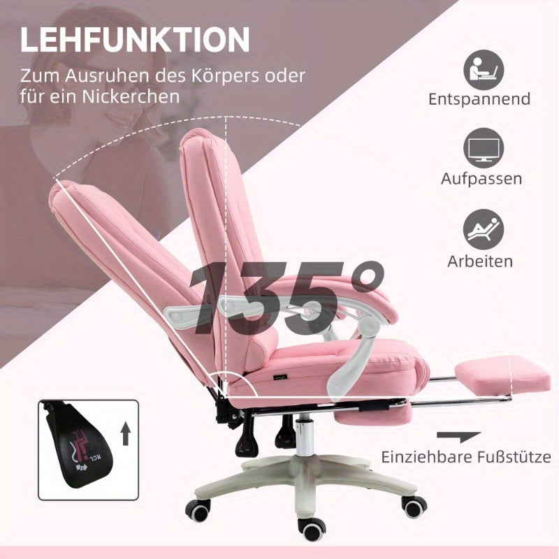 Ergonomische Bureaustoel – Gamingstoel – Desk Chair – Werkstoel – Computerstoel – Verstelbare Zithoogte – Uitschuifbare Voetensteun – Roze Kunstleer – Met Metalen Frame