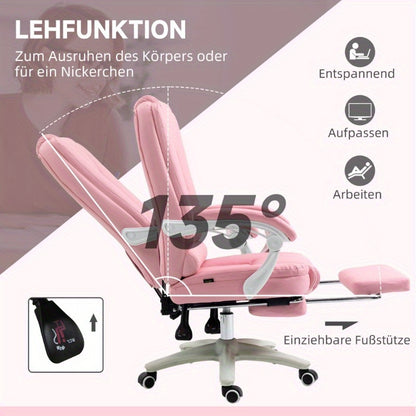Ergonomische Bureaustoel – Gamingstoel – Desk Chair – Werkstoel – Computerstoel – Verstelbare Zithoogte – Uitschuifbare Voetensteun – Roze Kunstleer – Met Metalen Frame