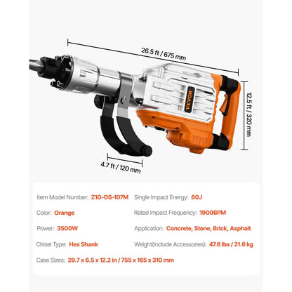 Slaghamer – Sloophamer – Breekhamer – Voorhamer – Slagtrekker – 3500W Krachtige Motor – 60 Joule Slagkracht