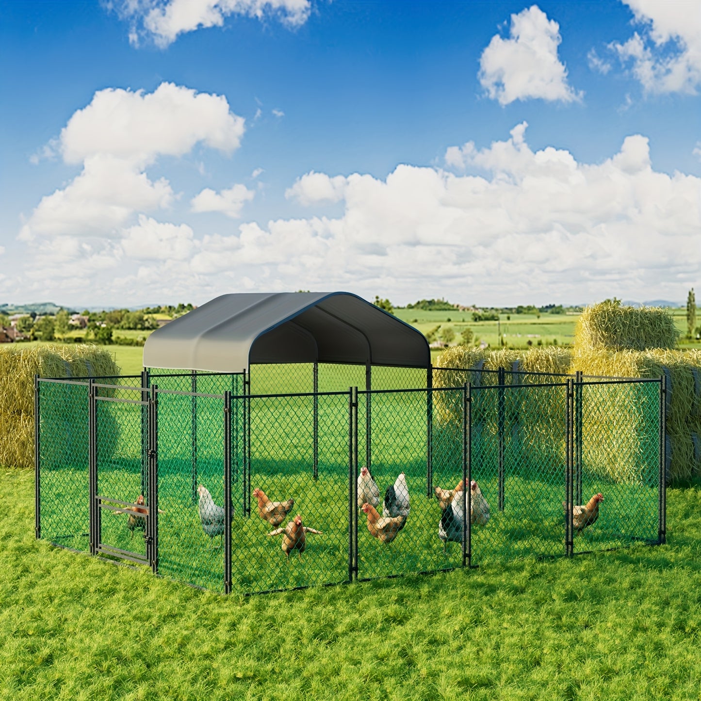 Kippenren – Kippenhok – Pluimveeschuur – Hennenren – Buitenren – 393 x 312 x 156 cm – Gegalvaniseerd Metaal – UV-Bestendige Waterdichte Afdekking