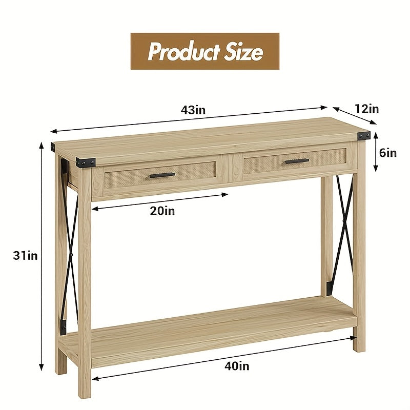 Rustieke Sidetable – Bijzettafel – Haltafel – Sofa Tafel – Opbergmeubel – Burlwood Variant – Houten Frame – 2 Rieten Lades – Open Opbergplank – 109 cm Breedte – Eenvoudige Montage