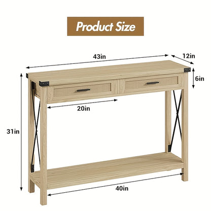 Rustieke Sidetable – Bijzettafel – Haltafel – Sofa Tafel – Opbergmeubel – Burlwood Variant – Houten Frame – 2 Rieten Lades – Open Opbergplank – 109 cm Breedte – Eenvoudige Montage