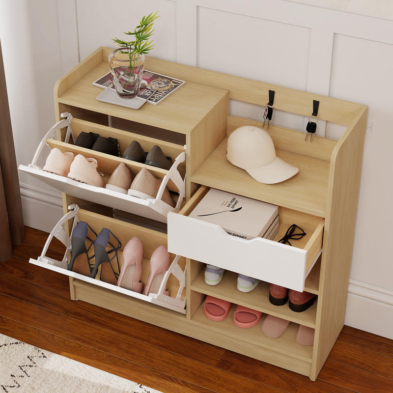 Schoenenkast – Schoenenrek – Schoenopberger – Schoenmeubel – Schoenentoren – Kiepbare Laden – 14 Paar Schoenen – Natuurlijke Houten Look – 4 Haken – Open Planken