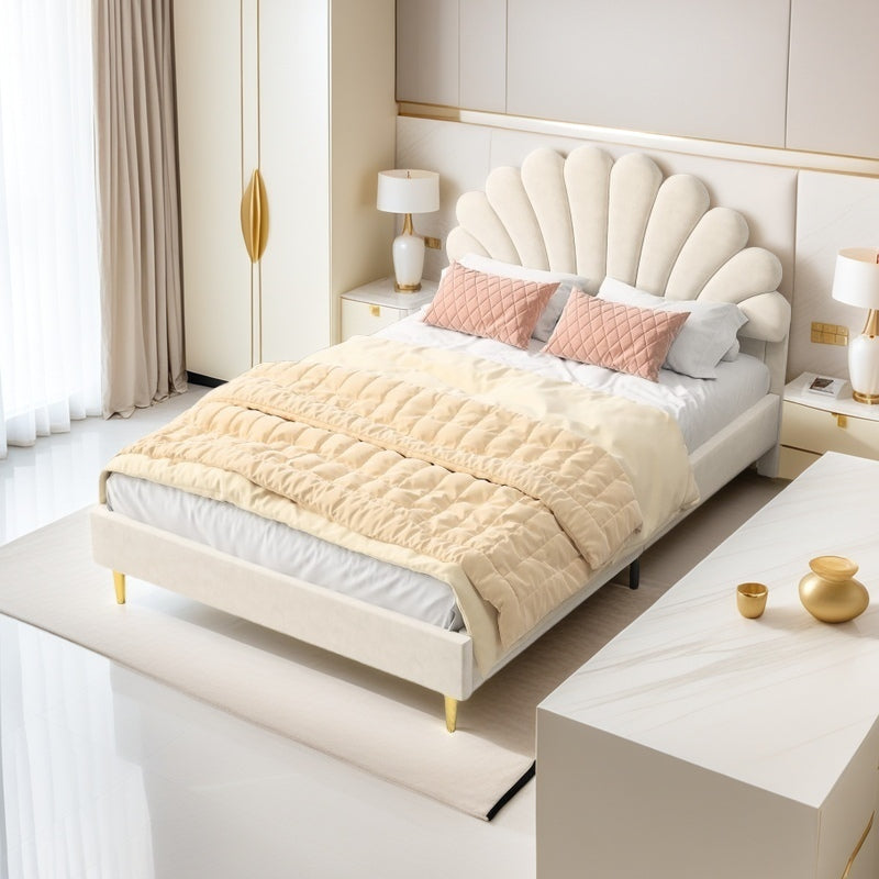 Double Bed Frame with Slatted Base and Headboard, 140 x 200 cm, Velvet, for Bedroom, bbbgddsbb (Mattress Not Included). 4fa54f6e