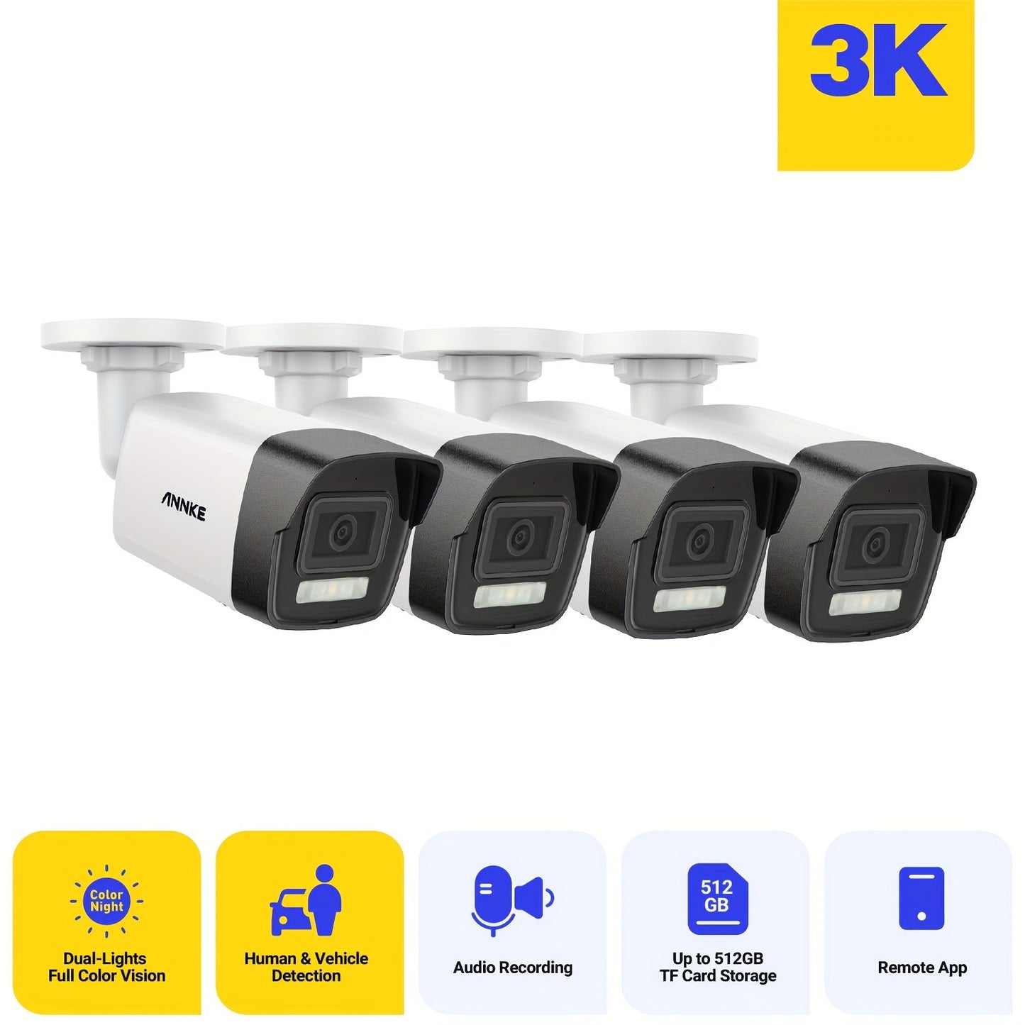 Bewakingscamera – Beveiligingscamera – Buitencamera – Surveillance Camera – 4-delige Set – 3K Resolutie – Kleurennachtzicht Met Spotlight