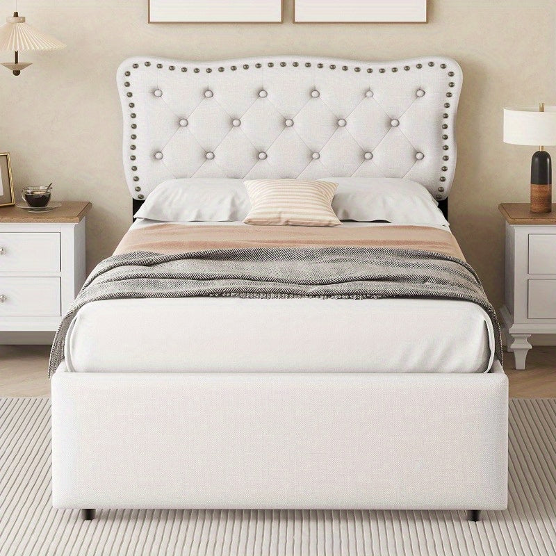 Gepolsterd Bed – Eénpersoonsbed – Slaapbed – Bedframe – Boxspring – Lichtbeige – 90x200 cm – Decoratieve Nagels – Dubbele Lade-opslag