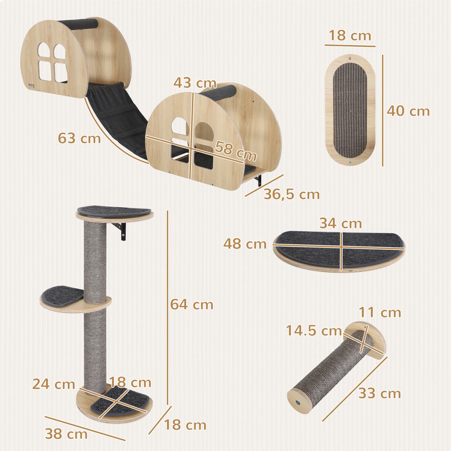 Katten Klimwand – Klimmuur – Kattenhuis – Krabpaal – Klimrek – 7-delig Compleet Set – Sisal Kraboppervlak – Ruimtebesparend Wandmontage