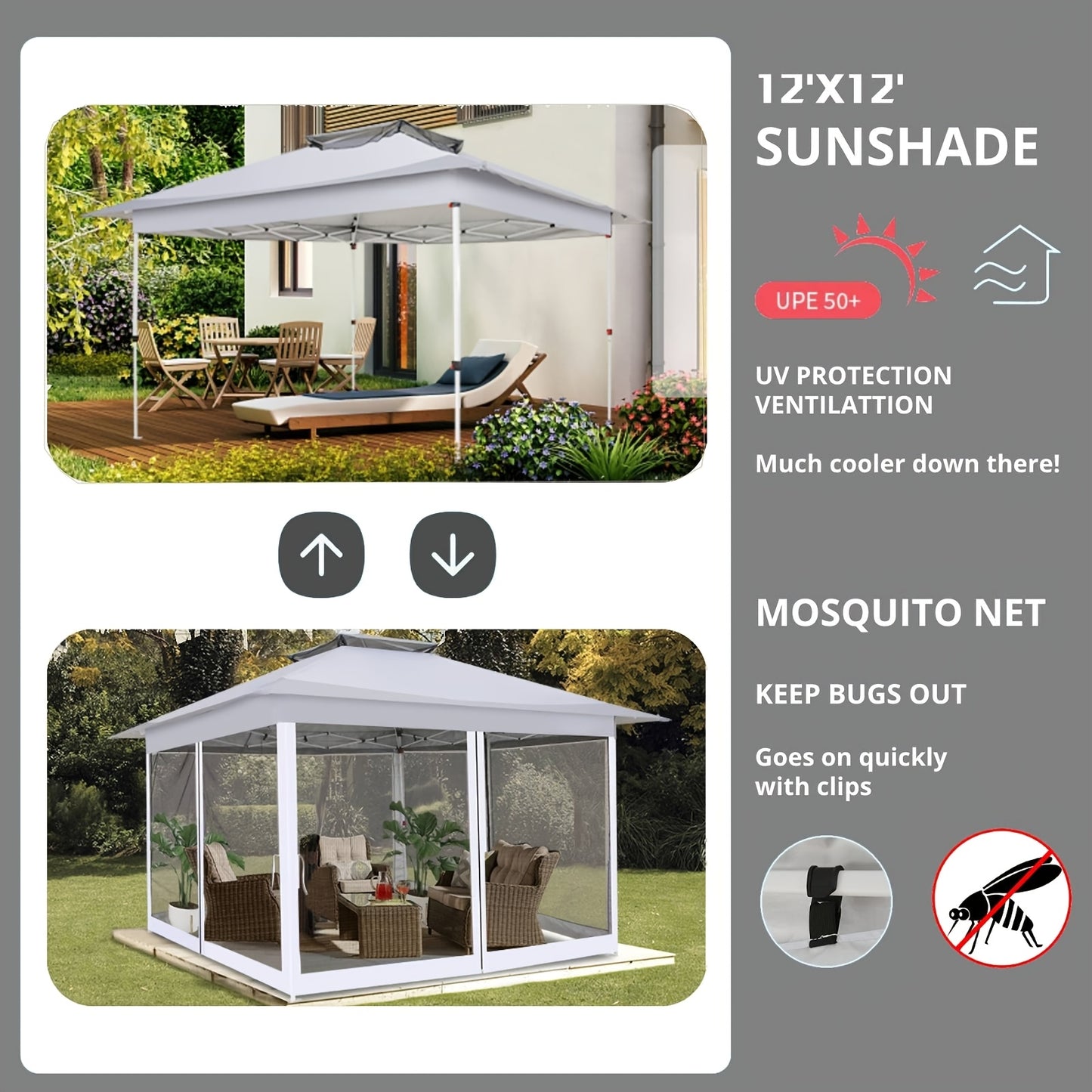 3.66x3.66meter Pop-Up Tent with 4 Mosquito Net Side Walls, Double Roof Design, Height Adjustable, Carry Bag Included - Ideal for Beach, Outdoor, Terrace Use, Beach Tent, Outdoor Shelter, Modern Shelter, Durable Fabric