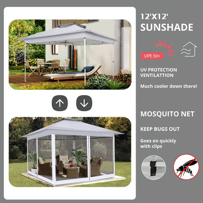 3.66x3.66meter Pop-Up Tent with 4 Mosquito Net Side Walls, Double Roof Design, Height Adjustable, Carry Bag Included - Ideal for Beach, Outdoor, Terrace Use, Beach Tent, Outdoor Shelter, Modern Shelter, Durable Fabric
