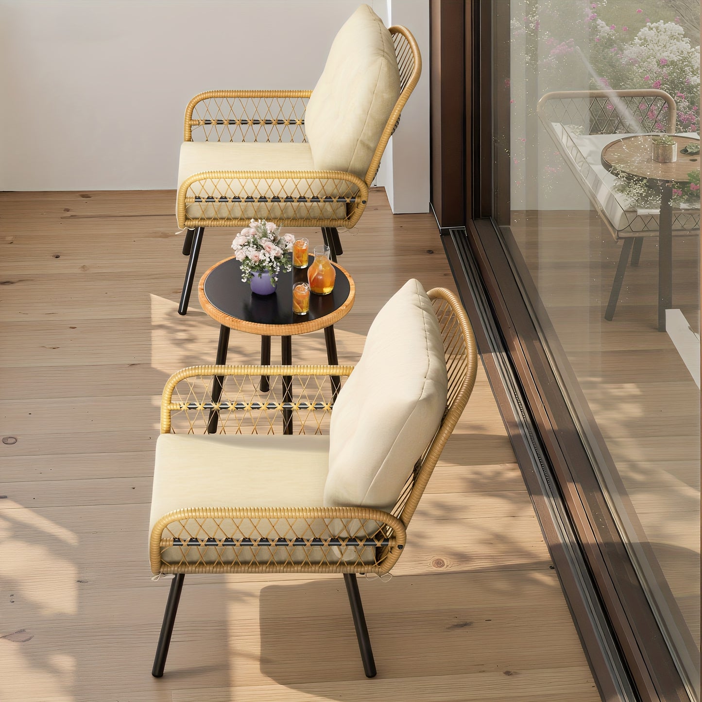 3-delige tuinset – tuinmeubelset – loungeset – bistroset – balkonset – weerbestendig rattan & metaal – afneembare kussens & krasbestendig tafelblad