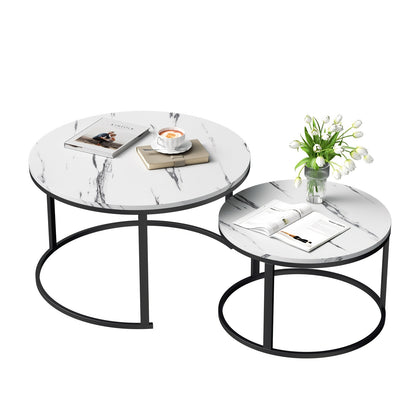 Salontafel – Bijzettafel – Woonkamertafel – Koffietafel – Nestbare Tafelset – Wit Marmerlook – Zwart Metalen Frame