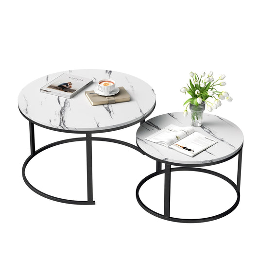 Salontafel – Bijzettafel – Woonkamertafel – Koffietafel – Nestbare Tafelset – Wit Marmerlook – Zwart Metalen Frame