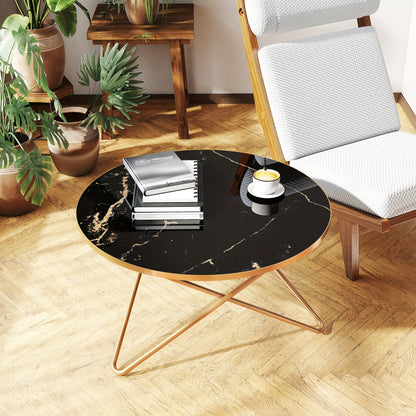 Rond Tafeltje – Bijzettafel – Salontafel – Nachtkastje – Plantenstandaard – Marmerlook Met Gouden Aders – Stevige MDF Basis – Compact Formaat 89,99 cm Diameter