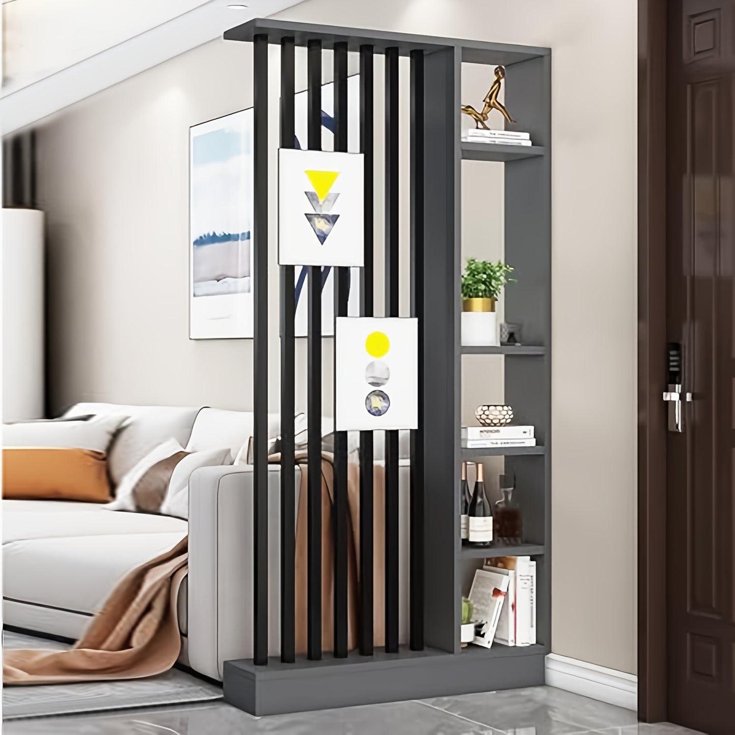 Roomdivider – Scheidingswand – Kamerscherm – Privacywand – Opbergkast – Vrijstaand Houten Design – Ruimtebesparende Verticale Planken – Klassiek Grijs Met Zwarte Details