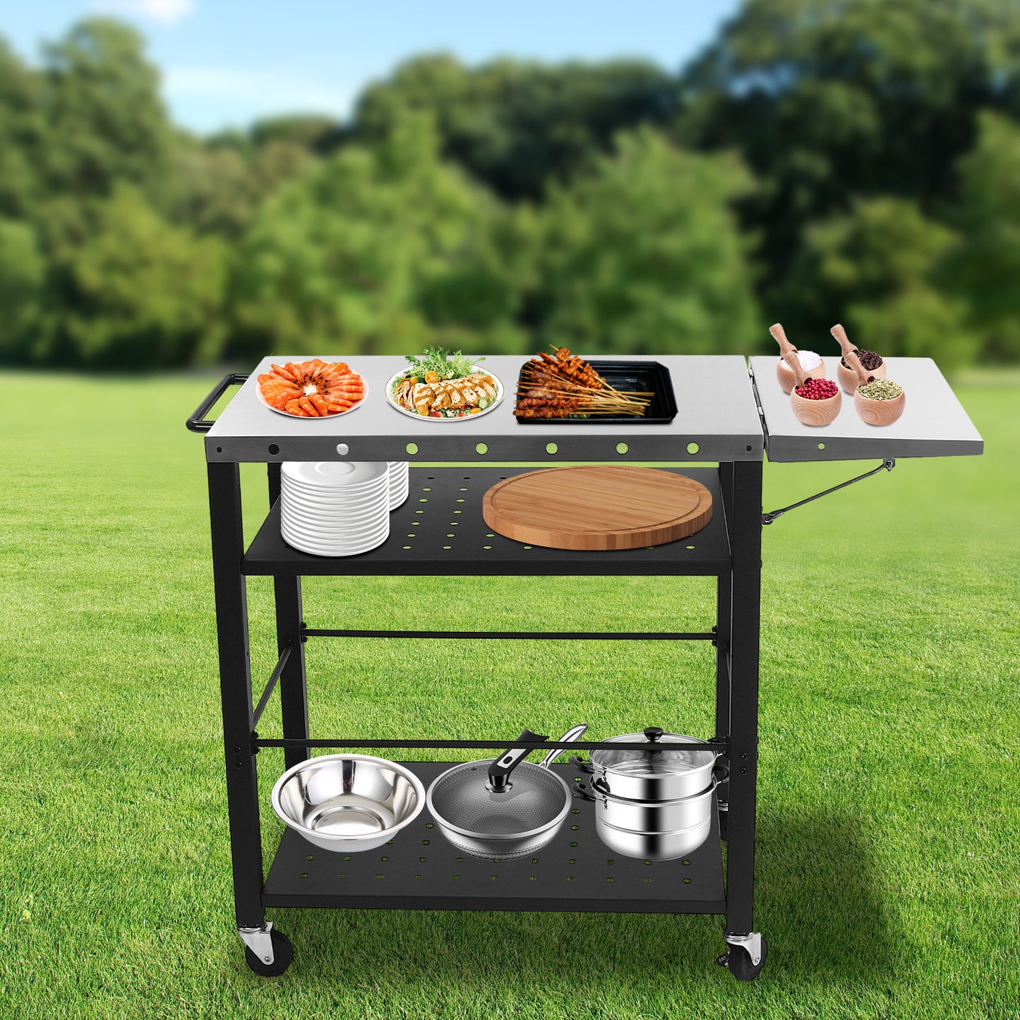 BBQ Trolley – Barbecuewagen – Grillwagen – Buitenkeuken – Campingwagen – 4 Tiers Opbergruimte – RVS Met Universele Wielen Zwart