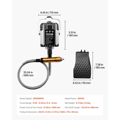 Flex Shaft Slijpmachine – Graveermachine – Polijstmachine – Slijptol – Boormachine – 1000W Motor – 30.000 RPM Snelheid – Voetpedaalbediening – Compleet Accessoirepakket