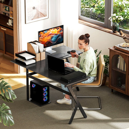 Hoekbureau – Computerbureau – Bureau – Werkplek – Bureau Met Opbergruimte – Zwart MDF Blad – Robuust Stalen Frame – 155x130x76 cm – Anti-slip Pootdoppen