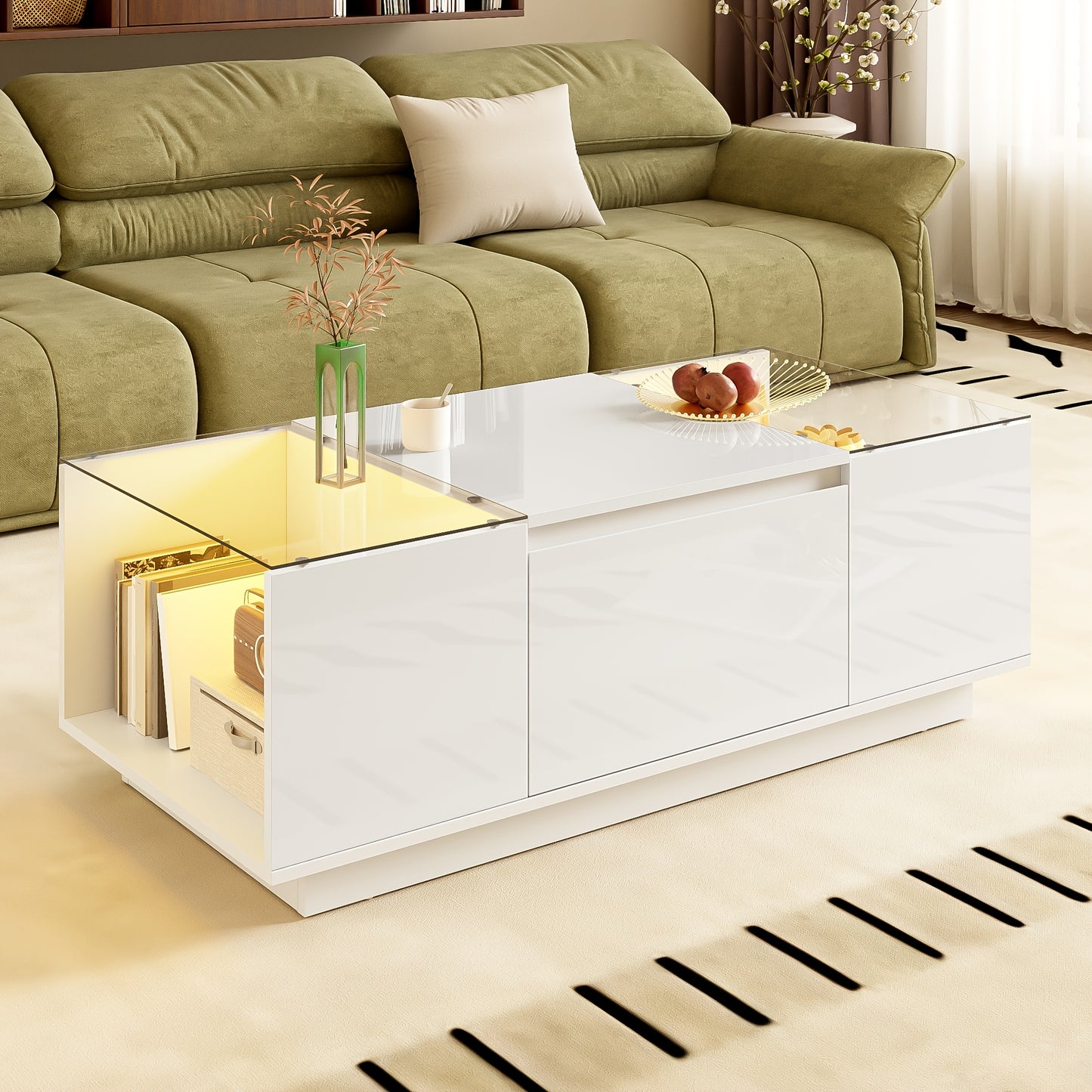 Modern Minimalist Large Coffee Table with Glass Top & Storage - White Frame, 2 Drawers, Easy Assembly, 105cm (40.5") Square Table, Metal for, Beige -Friendly Furniture - No Wood, Low-Maintenance