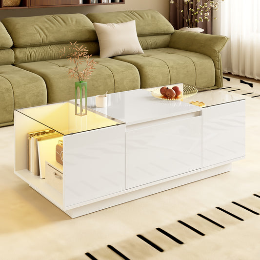 Modern Minimalist Large Coffee Table with Glass Top & Storage - White Frame, 2 Drawers, Easy Assembly, 105cm (40.5") Square Table, Metal for, Beige -Friendly Furniture - No Wood, Low-Maintenance