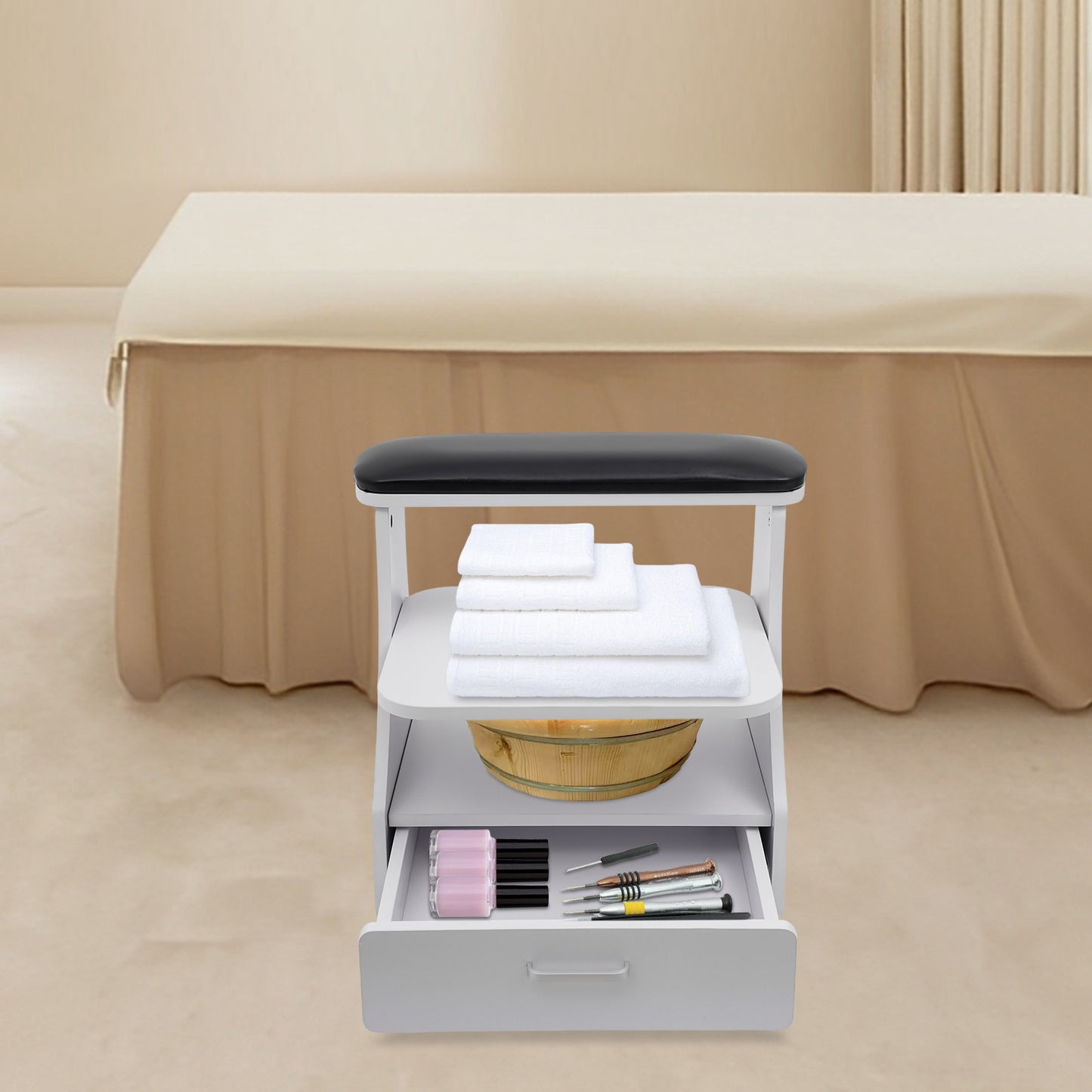 Nageltafel – Manicuretafel – Pedicuretafel – Nagelsalontafel – Werkbank – 3 Opbergniveaus – Brede Voetbadplatform – Vergrendelbare Zwenkwieltjes – Zwart