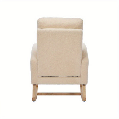 Schommelstoel – Relaxstoel – Fauteuil – Voedingsstoel – Loungestoel – Teddy Stof Bekleding – Stevig Houten Frame – 132x50x99 cm – Beige
