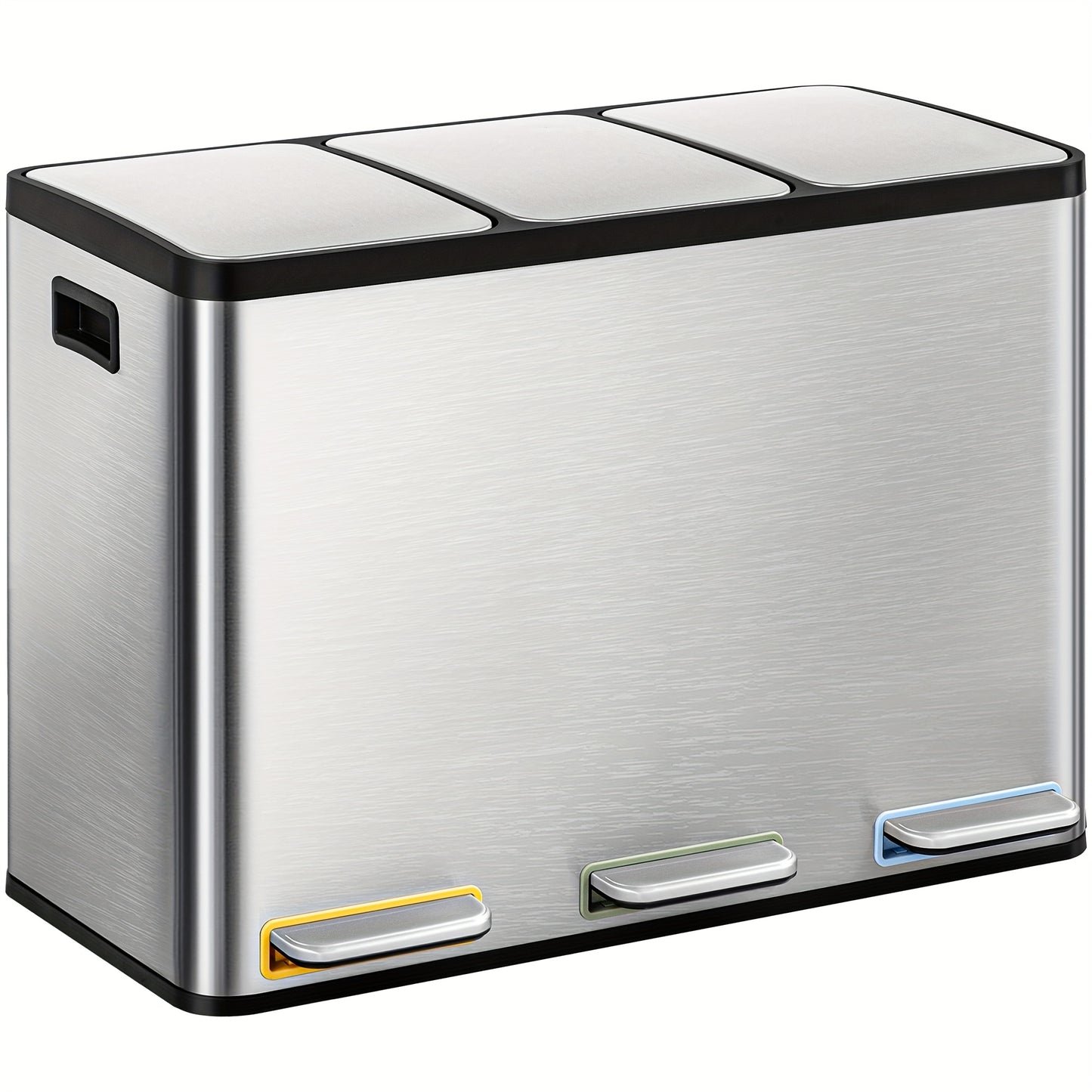 Kitchen Trash Can, Waste Separation System 3 Compartments 45L (3 X 15L), Stainless Steel Kitchen Trash Can, Pedal Bin with Color-coded Pedals, Waste Bin Quiet Slow Descent, Silvery