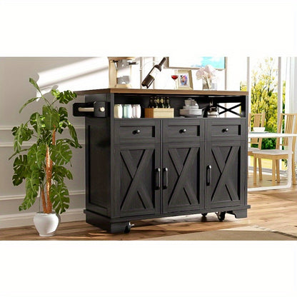 Modern Kitchen Island Cart 118x43x80x98cm - Metal Frame with Wood Grain Black Finish, 4 Locking Wheels, Removable Partitions & Towel Holder, Multifunctional Storage Cabinet for Dining & Living Spaces, Kitchen Furniture, Versa