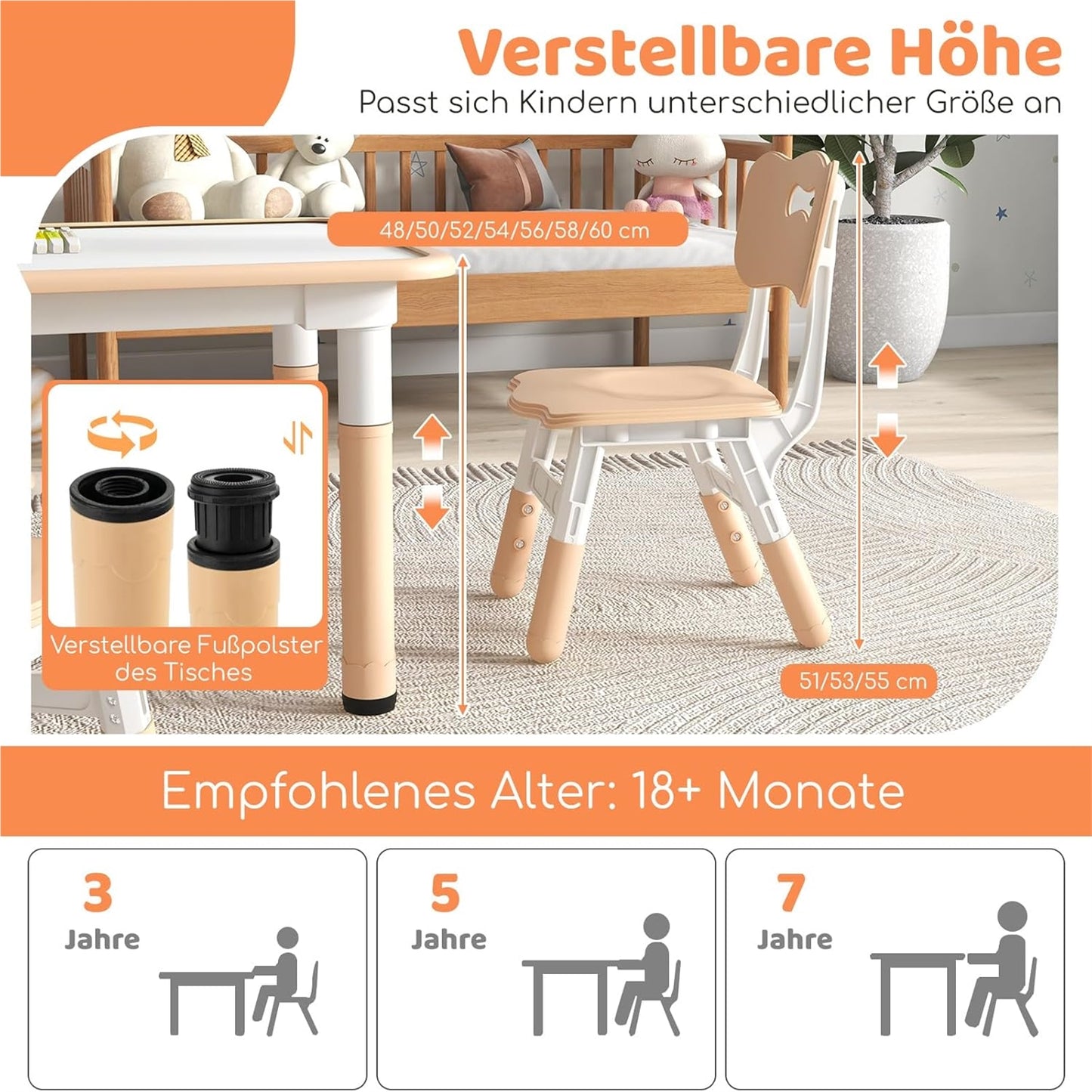 Kinder Tafel – Kindertafel – Speeltafel – Tafel Met Stoelen – Kinderstoel Set – Verstelbare Hoogte – Groot Graffiti Tafelblad 120x60 cm – Natuurlijk Houtkleur
