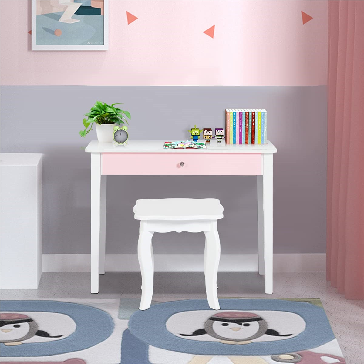 Makeup Tafeltje Kids – Make-up Tafel Kinderkaptafel – Speelmeubel Cosmetica – Prinsessen Kaptafel Meisjes – Triple Vouwspiegel – Inclusief Lade & Kruk – MDF Hout – Afneembare Spiegel