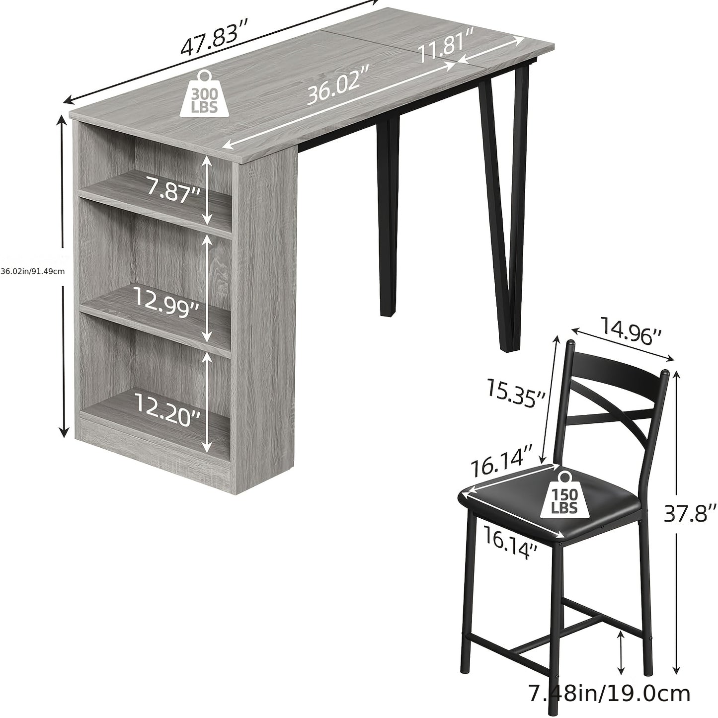 Eettafelset 3-Delig – Eettafel Met Stoelen – Barset – Keukentafel – Ontbijttafel – Compact Ontwerp – 3 Opbergplanken – Grijs Hout Met Metaal