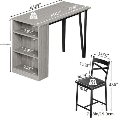 Eettafelset 3-Delig – Eettafel Met Stoelen – Barset – Keukentafel – Ontbijttafel – Compact Ontwerp – 3 Opbergplanken – Grijs Hout Met Metaal