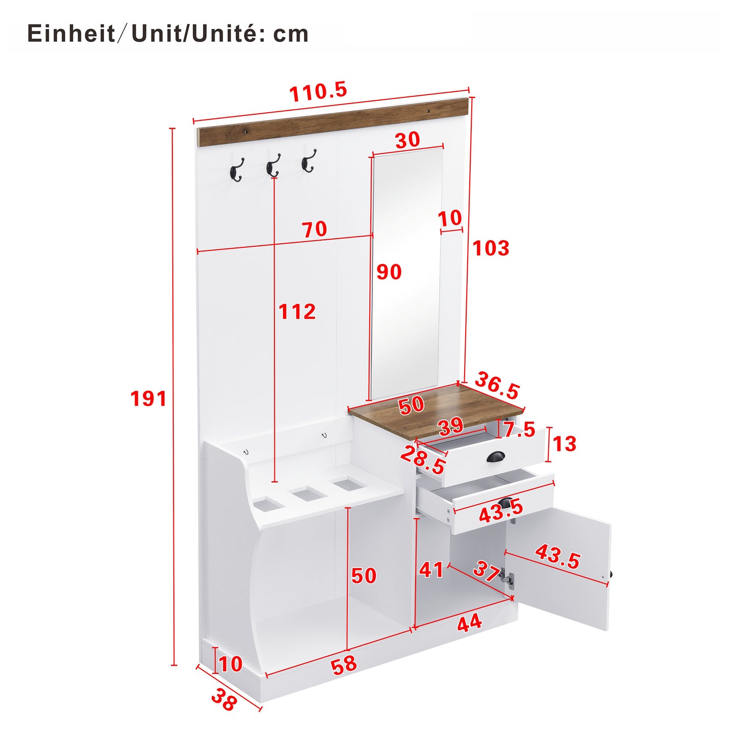 Garderobekast – Kapstok – Opbergkast – Halmeubel – Schoenenkast – Wit Houtlook – Compact Formaat – Spiegel – Lades – Parapluhouder
