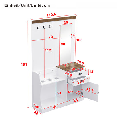 Garderobekast – Kapstok – Opbergkast – Halmeubel – Schoenenkast – Wit Houtlook – Compact Formaat – Spiegel – Lades – Parapluhouder
