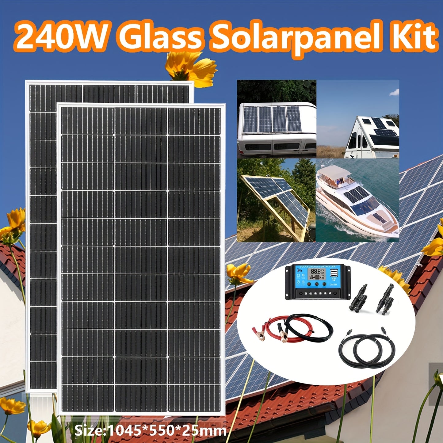 240W Zonnepaneel Kit – Solar Panel Set – Zonnestroomsysteem – Offgrid Solar Systeem – Caravan Zonnepaneel – Monokristallijn Hoog Rendement – Inclusief 20A PWM Laadregelaar