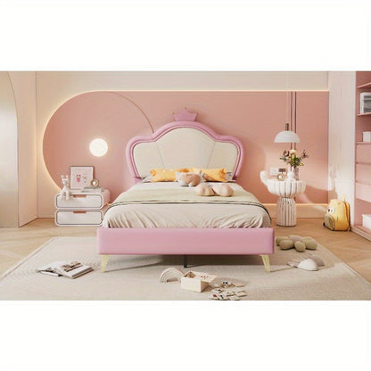 Upholstered Bed – Bedframe – Slaapbank – Bed Met Hoofdbord – Eenpersoonsbed – Roze Wit PU Bekleed – Veiligheidspadding – Metaal Metalen Poten – Elegant Contour Design – 90x200 cm