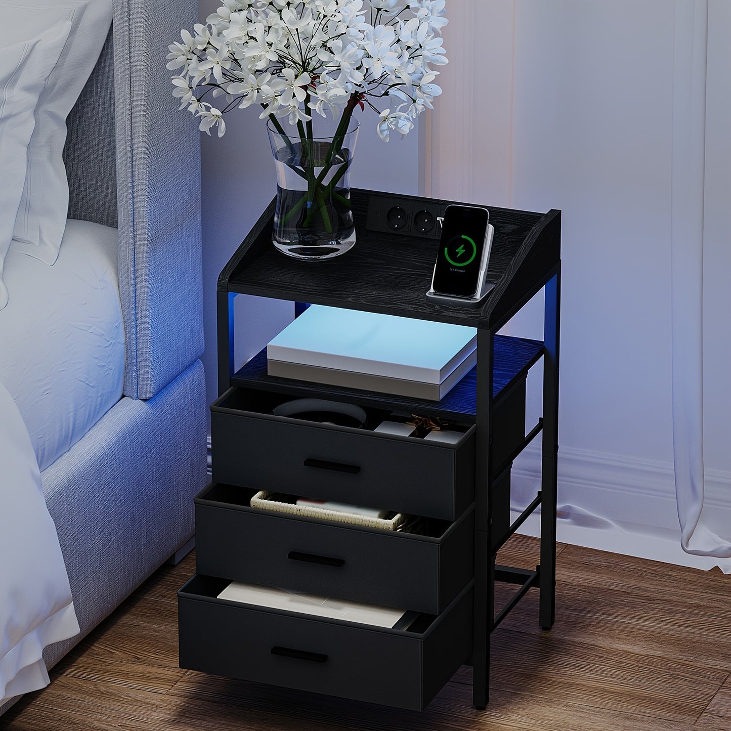 Nachtkastje – Nachtkastjes – Bedkastje – Bijzettafel – Opbergkastje – Set van 2 – LED Verlichting – Oplaadstation met USB en Stopcontacten – Modern – Zwart/Wit
