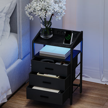 Nachtkastje – Nachtkastjes – Bedkastje – Bijzettafel – Opbergkastje – Set van 2 – LED Verlichting – Oplaadstation met USB en Stopcontacten – Modern – Zwart/Wit