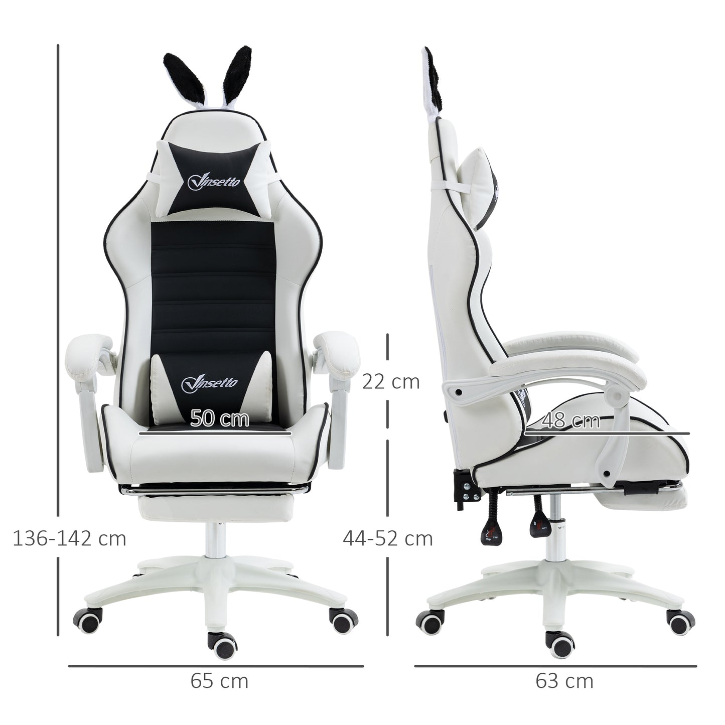 Gamingstoel – Bureaustoel – Gamestoel – Werkstoel – Stoel Met Bunny Ears – Verstelbare Hoogte – Verstelbare Rugleuning Tot 135° – Uittrekbare Voetensteun – Met Hoofd- En Lendensteunkussens – Zwart – Polyurethaan Bekleding