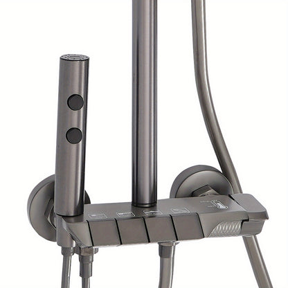 TOOL1SHOOO Modern Wall-Mounted Shower System with 4--1 Spray Functions, Adjustable Temperature Control, & PVD Coated Brass - High-Pressure Rain, Handheld with Pulse/Rain/Mix Modes, Water-Saving Design for Contemporary Bathroo