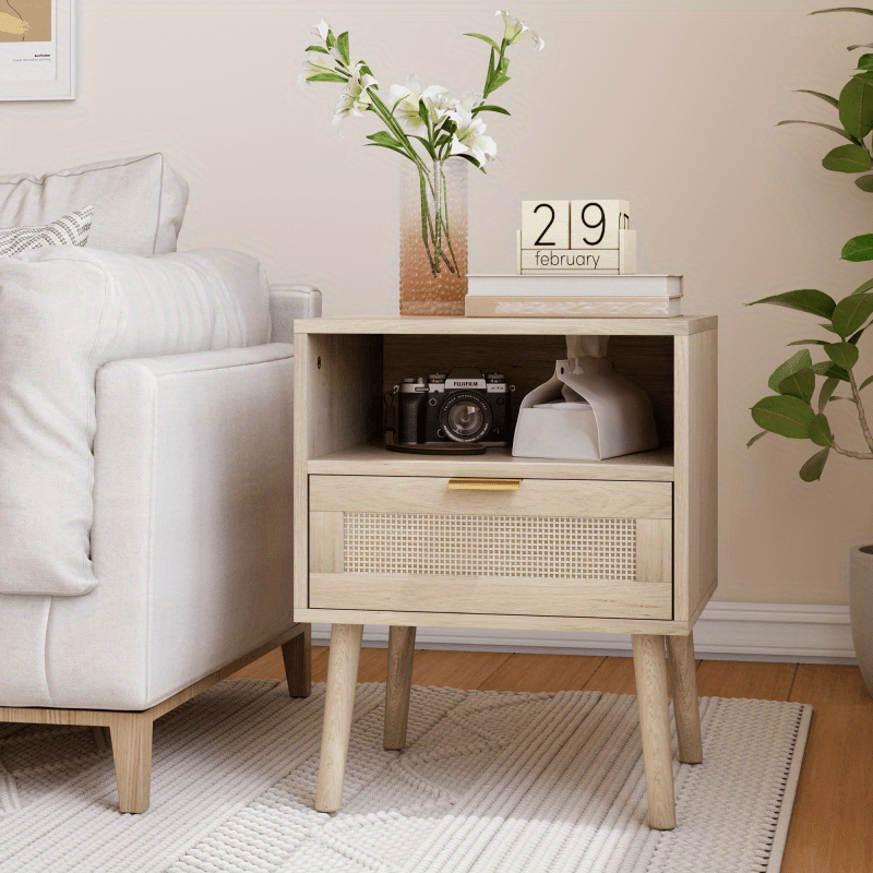 Nachtkastje – Bedkastje – Bijzettafel – Ladekastje – Tafel – Bohemian Stijl – Licht Eikenlook – Open Plank – Compact 45x40x55 cm