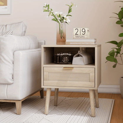 Nachtkastje – Bedkastje – Bijzettafel – Ladekastje – Tafel – Bohemian Stijl – Licht Eikenlook – Open Plank – Compact 45x40x55 cm