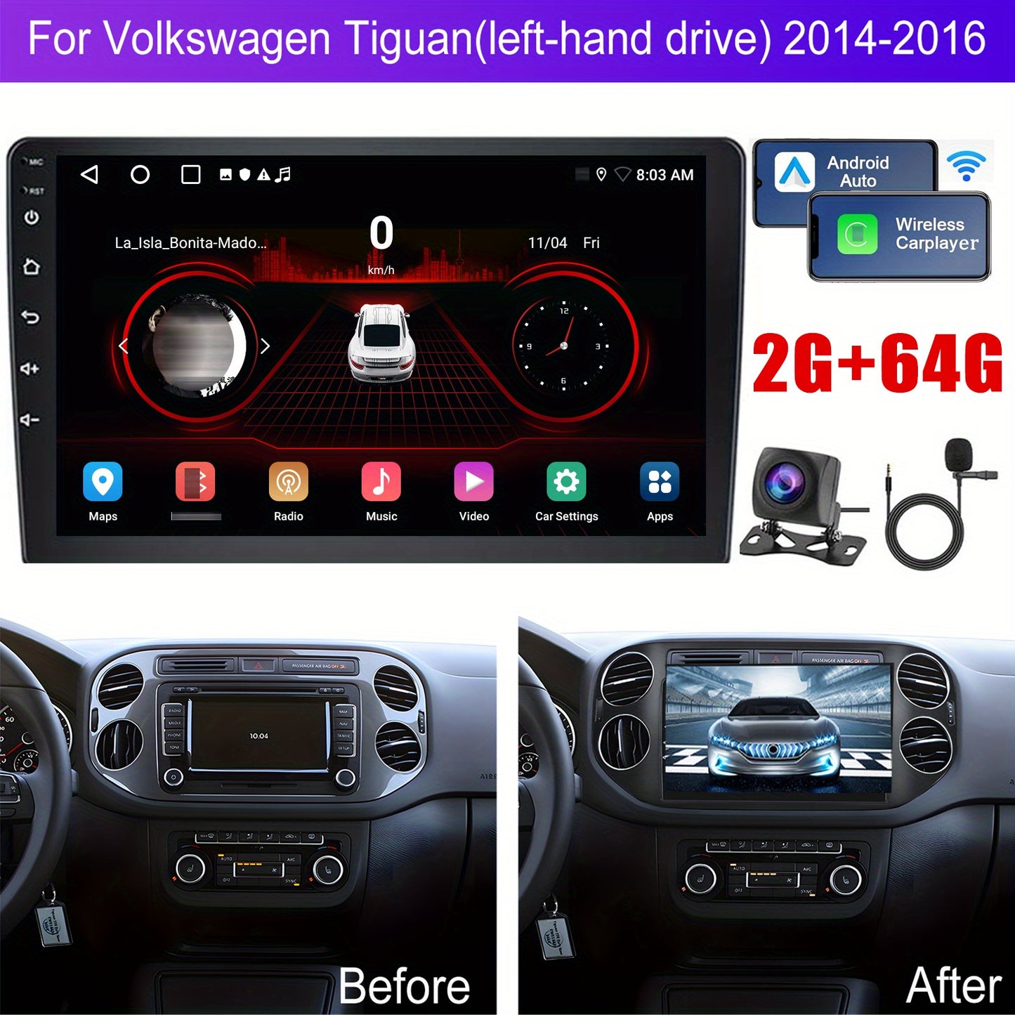 Autoradio – 2 DIN Touchscreen – CarPlay Draadloos – Android Auto – Bluetooth – GPS WiFi – 22,86 cm Scherm – Inclusief Nachtzicht Achteruitrijcamera & Externe Microfoon