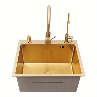 Gouden Keukenspoelbak – Spoelbak RVS – Keukenspoelbak Enkel – Ondermontage Spoelbak – Opbouwspoelbak – 50x45 cm Grootte – Anti-Corrosie Nano-Coating & Geluiddempend Matje