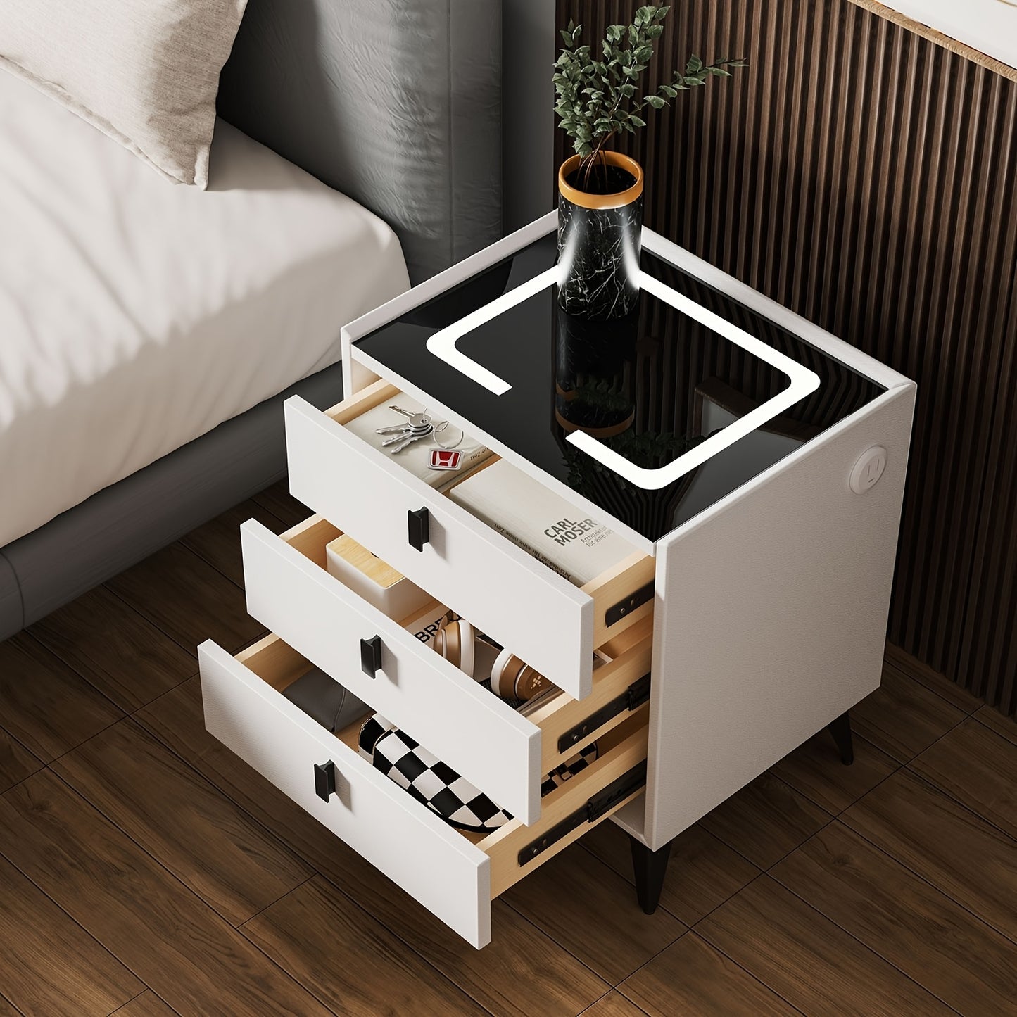 Nachtkastje – Bedside Table – Nachtkast – Bedtafeltje – Nachtkastje Met 2 Lades – Instelbare LED-Verlichting – USB Oplaadpoort – Zwart-Wit Houtlook