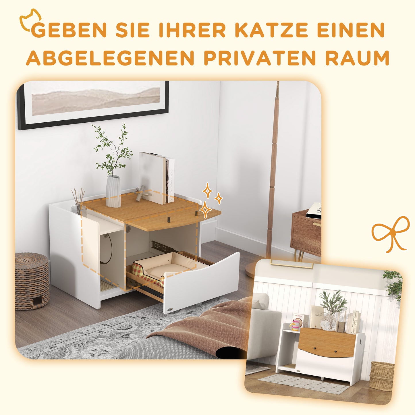 Krabpaal – Kattenbak – Kattenhuis – Kattenmeubel – Kattenkast – Uittrekbare Lade – Anti Grit Mat – 78x50x51 cm – Eikenhout/Wit